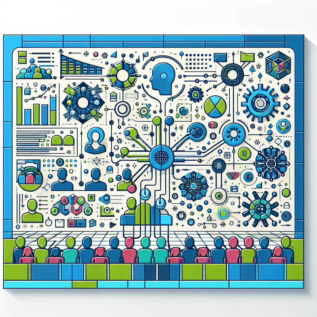 Create an image to capture the essence of Large Language Models Operations (LLMOps), highlighting the integration of different stakeholders in the development and management of LLMs. The image should be presented in a 2D vector style, utilizing a flat, corporate look. The background should be white and untextured. The image may include charts representing data flow and collaboration between teams while using vibrant shades of blue and green, suggesting innovation and technology. There should be person icons to symbolize the collaboration amongst different areas. The backdrop should be dynamic, incorporating technological elements to reinforce the theme of Artificial Intelligence.