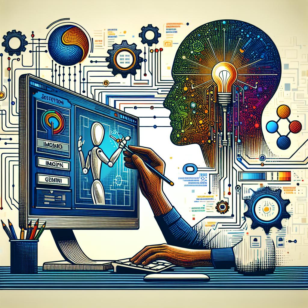 Create a 2D vectorial, flat styled corporate image that portrays the process of logo creation with advanced technology. Depict an unidentified artificial intelligence solutions architect demonstrating how to build an efficient logo using digital tools represented by the fictitious software interfaces, Imagen 3 and Gemini. Amplify this through the use of a vibrant palette to symbolize creativity and innovation. Add a modern, untextured white background. Incorporate a computer symbolizing the role of technology in design, and results of the process exemplified by graphics and logos. Bear in mind a linear perspective for the entire composition.
