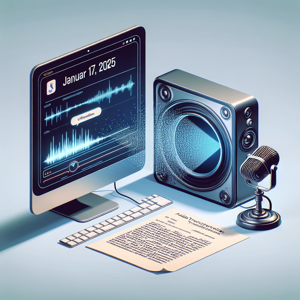 Imagine a futuristic date, January 17, 2025, marked by the revolutionary innovation in audio transcription. A new application developed with OpenAI's Whisper model is advertised. It's a vectorial, corporate-style 2D image on a plain white background. A computer is represented, emphasizing the use of technology. The interface of the application is displayed on the computer screen, demonstrating its usability. A sound wave symbolizes the audio being processed by the application, translating auditory information into textual format. A piece of transcribed text stands prominently, showcasing the final outcome of using the application.