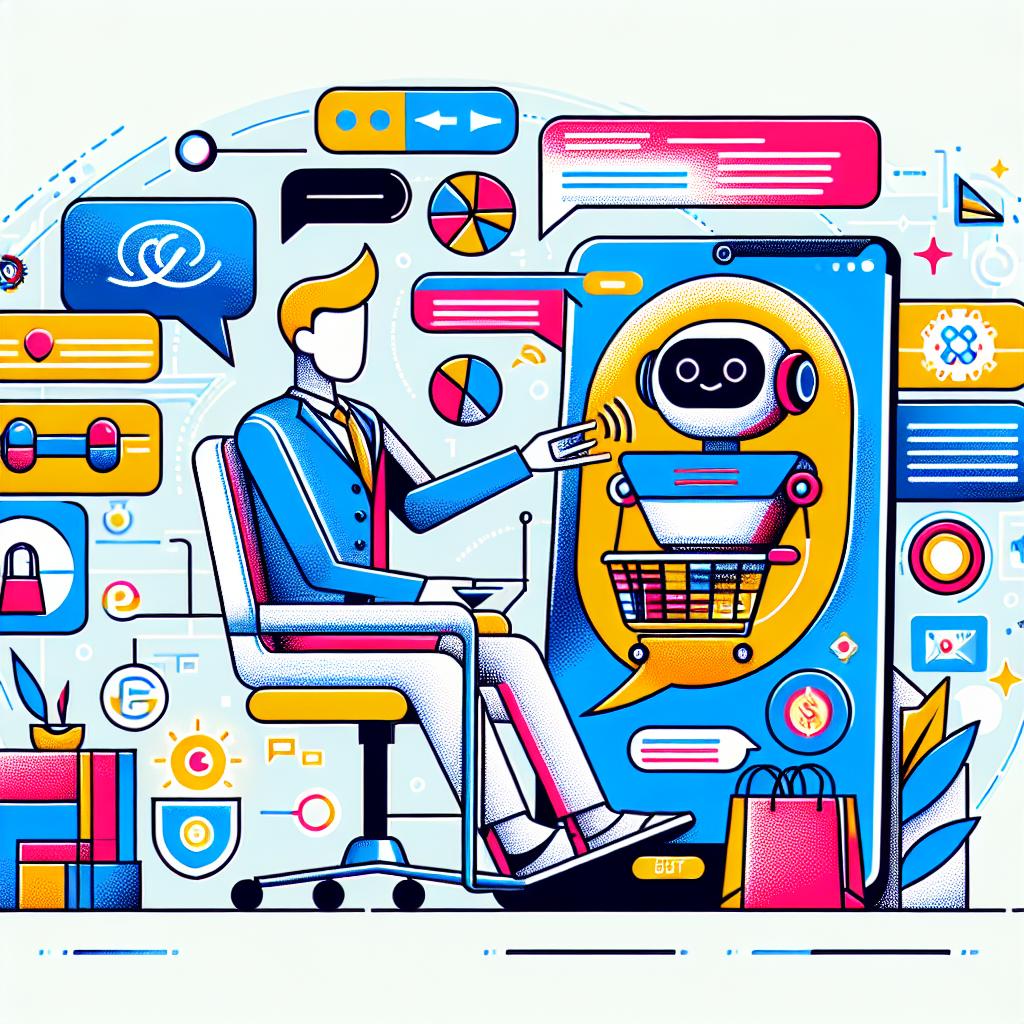 Create a 2D, linear, vector-style illustration in a corporate flat design, focused on an e-commerce interface. Within the scene, incorporate a chatbot actively interacting with a user, showcasing personalized product recommendations based on the user's previous purchase. The user should be depicted as satisfied, symbolizing the importance of the user experience. The scene should incorporate bright, vivid colors to attract attention and reflect creativity. Also, include the logo of a hypothetical technology, named 'Kumo AI', indicating the power behind the chatbot. Set this against a plain, white, untextured background.