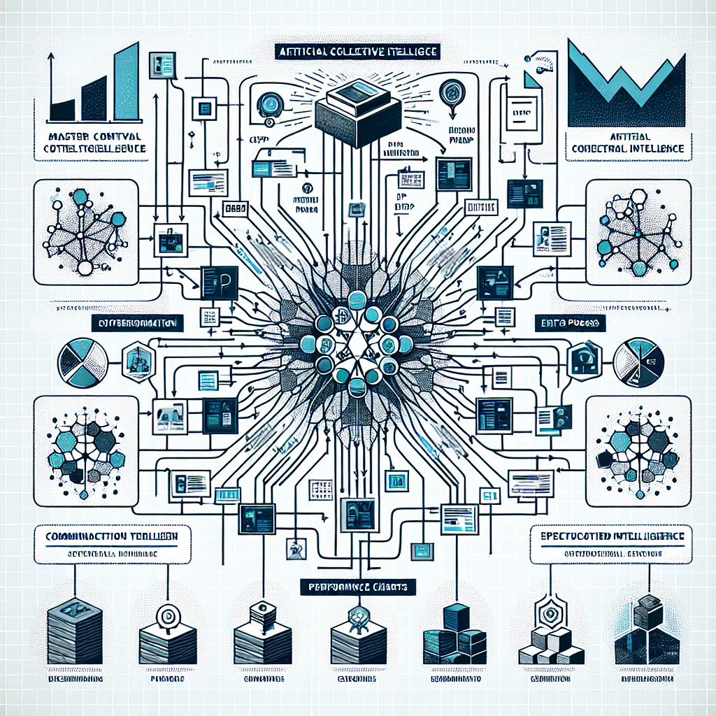Portray the concept of Artificial Collective Intelligence (ACI) as a vector-style, flat, corporate 2D, linear image on a white, non-textured background. Have the Master Control Program (MCP) centrally located, orchestrating various specialized Entity Programs (EPs) in a distributed network. EPs should be depicted as interconnected modules, each focused on a specific task. Draw communication arrows to symbolize data exchange between the EPs and the MCP. Assign different colours to each EP, implying varied specializations. Incorporate a high-tech background, suggesting a high-tech and innovative environment. Include performance charts to illustrate efficiency and advancement compared to Artificial General Intelligence (AGI).