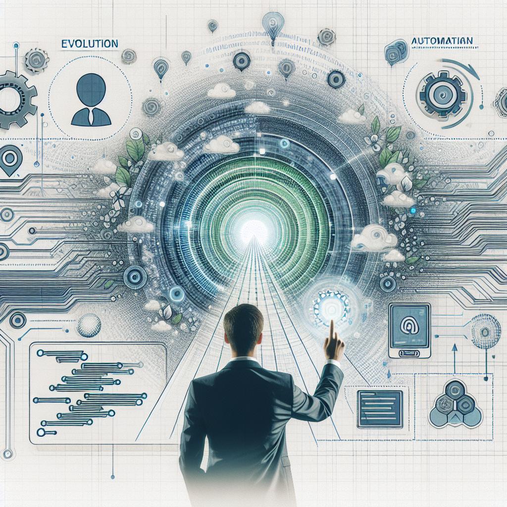 Generate a concept image in corporate, flat and vectorial style. The image is a 2D, linear perspective depiction of a developer interacting with an AI interface on a white, textureless background. This AI interface symbolizes evolutionary technology. There are graphical elements representing evolution, automation, and innovation. Also showcased are visuals of modern programming codes flowing, they dominate the scene. The color scheme is mainly shades of blue and green, which are symbolic of technology. Additionally, there are automation icons emphasizing the newly implemented automation function within this futuristic scene.