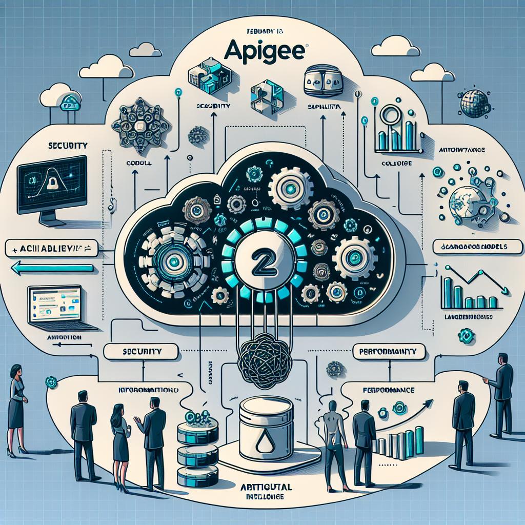 An image dated February 13, 2025, encapsulates how Google Cloud's Apigee, an API management platform, allows businesses to operationalize generative artificial intelligence solutions, overcoming security, scalability, and cost challenges in the adoption of large language models. It's a visual portrayal of the digital value chain that exemplifies how Apigee integrates artificial intelligence solutions, emphasizing security, scalability, and efficiency. Conceptualized in a 2D, linear, vector-based, corporate style on a plain white backdrop. Additional elements include shades of blue and green representing technology and innovation, security icons and performance graphs to accentuate Apigee's effectiveness, and a graphic representation of an API interacting with AI models to depict integration.