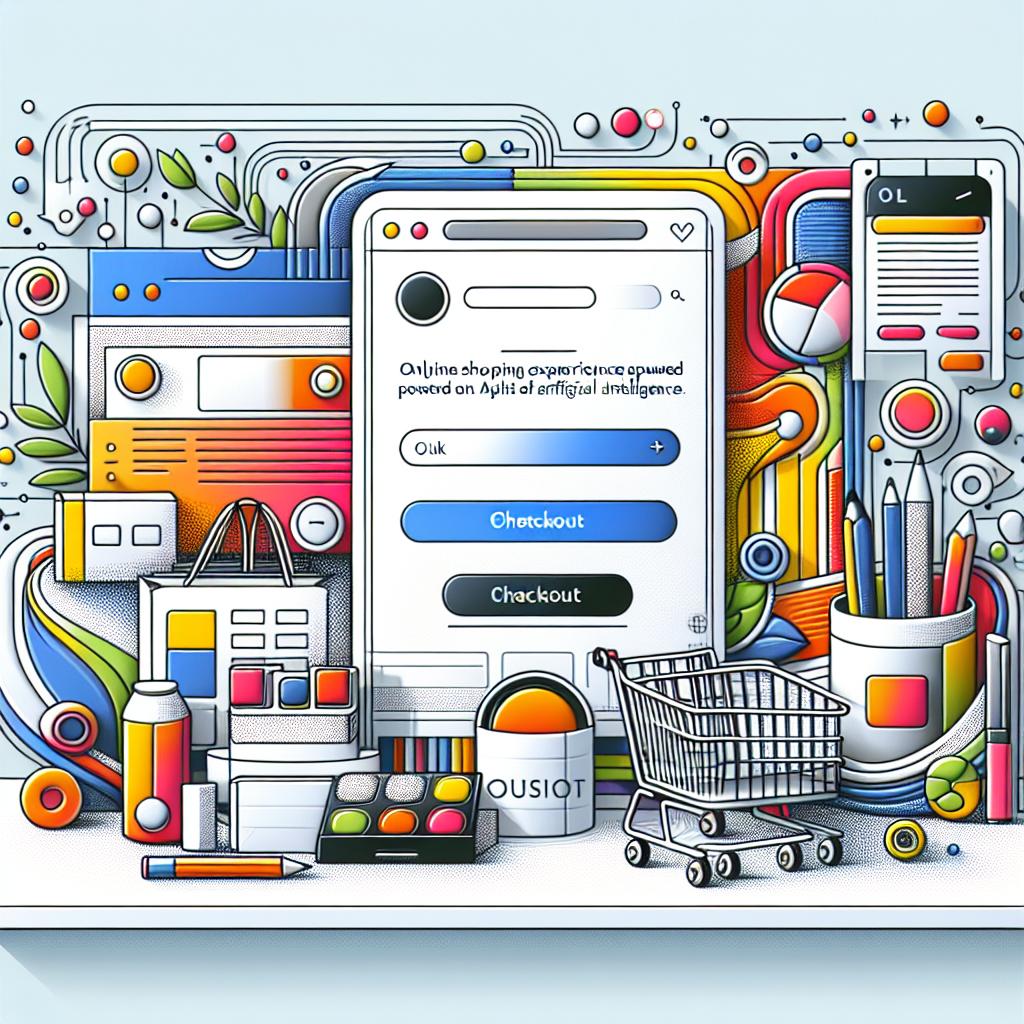 Illustrate a modern shopping assistant by Perplexity, an online shopping experience powered by artificial intelligence. This assistant is catered towards Pro users in the United States. The image should be vectorial, flat, and corporate in style. Display a white, textureless background with a 2D linear perspective. Within this scene, depict a variety of products featured prominently. Show a straightforward checkout button highlighting the simplicity of the process. Use vibrant colors throughout the image to capture user attention.