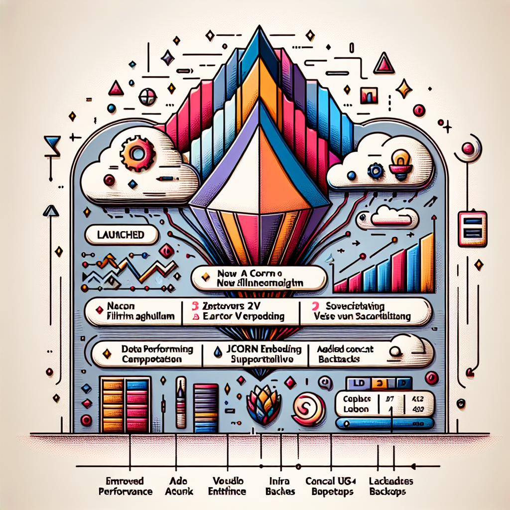 Create a 2D, linear perspective, vector flat corporate style image to depict the new release of version 1.27 of the software named Weaviate. The image should be launched on October 29, 2024, highlighting significant improvements in data search functionalities. Make sure to feature the new ACORN filtering algorithm, Jina V3 embedding support, and the ability to cancel backups. These are added to optimize performance and scalability for users with large databases. The image should have a white, untextured background. Add vibrant colors to draw attention and reflect innovation. Include icons representing improved performance and data analysis. Also, ensure a soft background to maintain focus on the main content of the image.