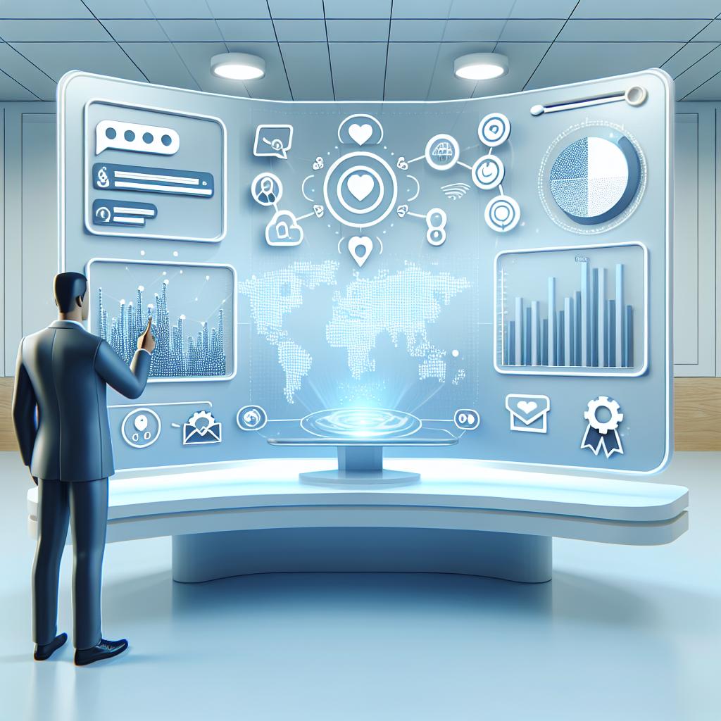 Create a 2D, flat vectorial style image that depicts the future of customer experience tools in 2025. The scene should convey a sense of professionalism and innovation, fitting for a corporate environment. The background should be plain white, untextured and have a soft blue hue to represent technology. In the foreground, add elements like data charts to illustrate feedback analysis and communication icons to represent the collection of customer feedback. The image should modernly represent Voice of Customer (VoC) tools and the way they help businesses collect and interpret customer feedback.