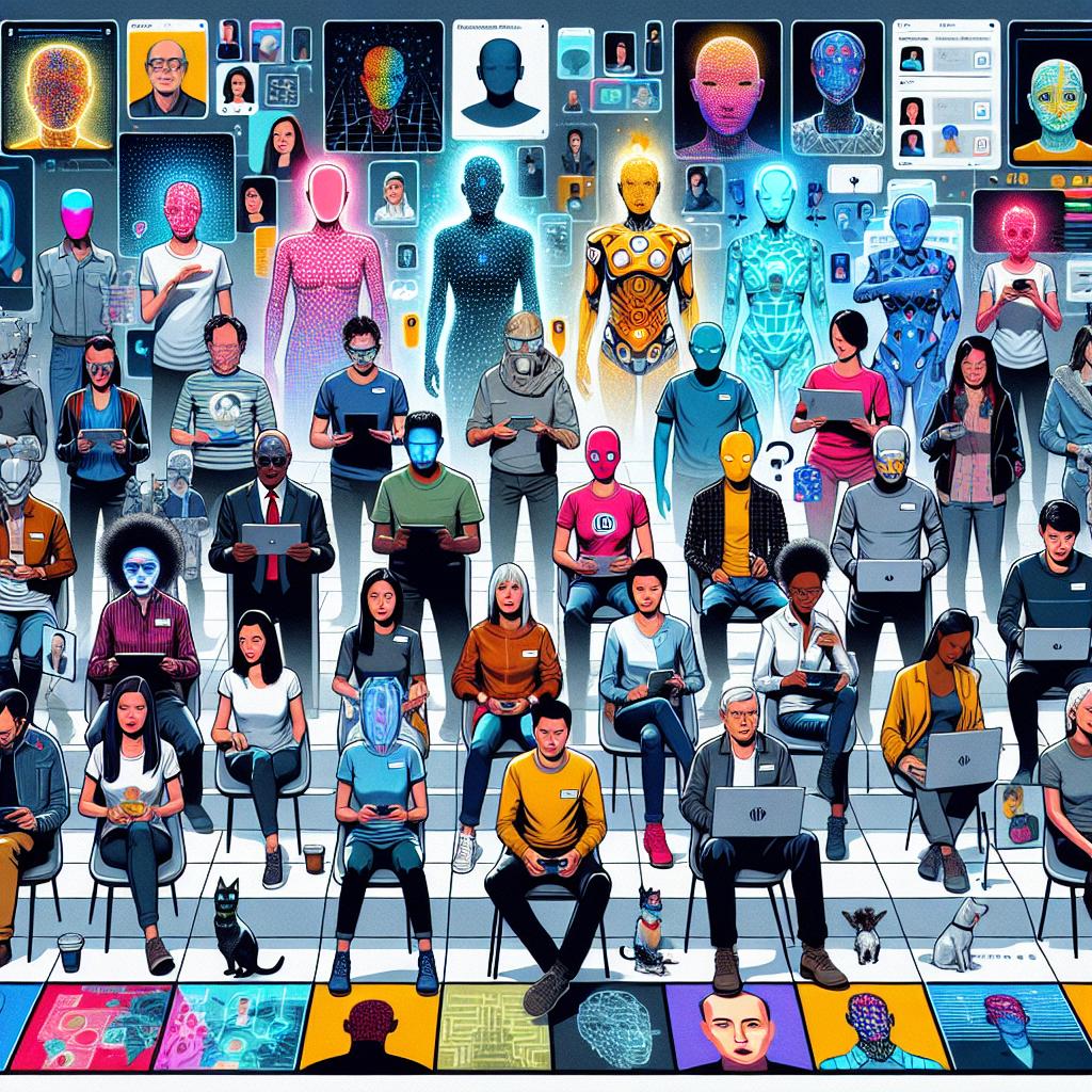 Visualize a 2024 digital universe where avatars are more dynamic and interactive. They substitute the static profile images and revolutionize how people represent themselves online. A myriad of different AI avatar generators are available, catering to different needs from virtual assistants to game avatars and video conferences. Showcase a visual representation of these diverse AI avatars, highlighting their variations and uses across various platforms, and interacting in a digital environment. Visual style should be 2D, linear, flat, and corporate, set against a white, untextured background. Amplify the scene with vibrant colors to reflect avatar diversity and personalization, featuring characters of varying looks to represent user diversity.