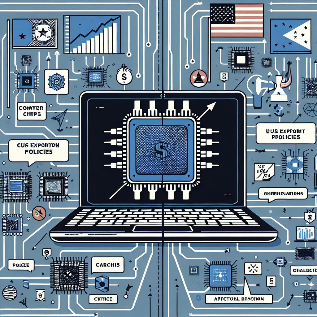 Illustrate an image in a flat, vectorial, 2D, linear style, in a corporate setting. The image represents the clash between US export policies and the challenges of the international technology industry. This is against a plain, white, untextured background. Additional elements to include are sales graphs for chips, to highlight the implications on the market, and flags of the affected countries, to depict the geopolitical reach of policies. It should also include technology symbols like computer chips and circuits, and policy representation elements like graphs and social networks.