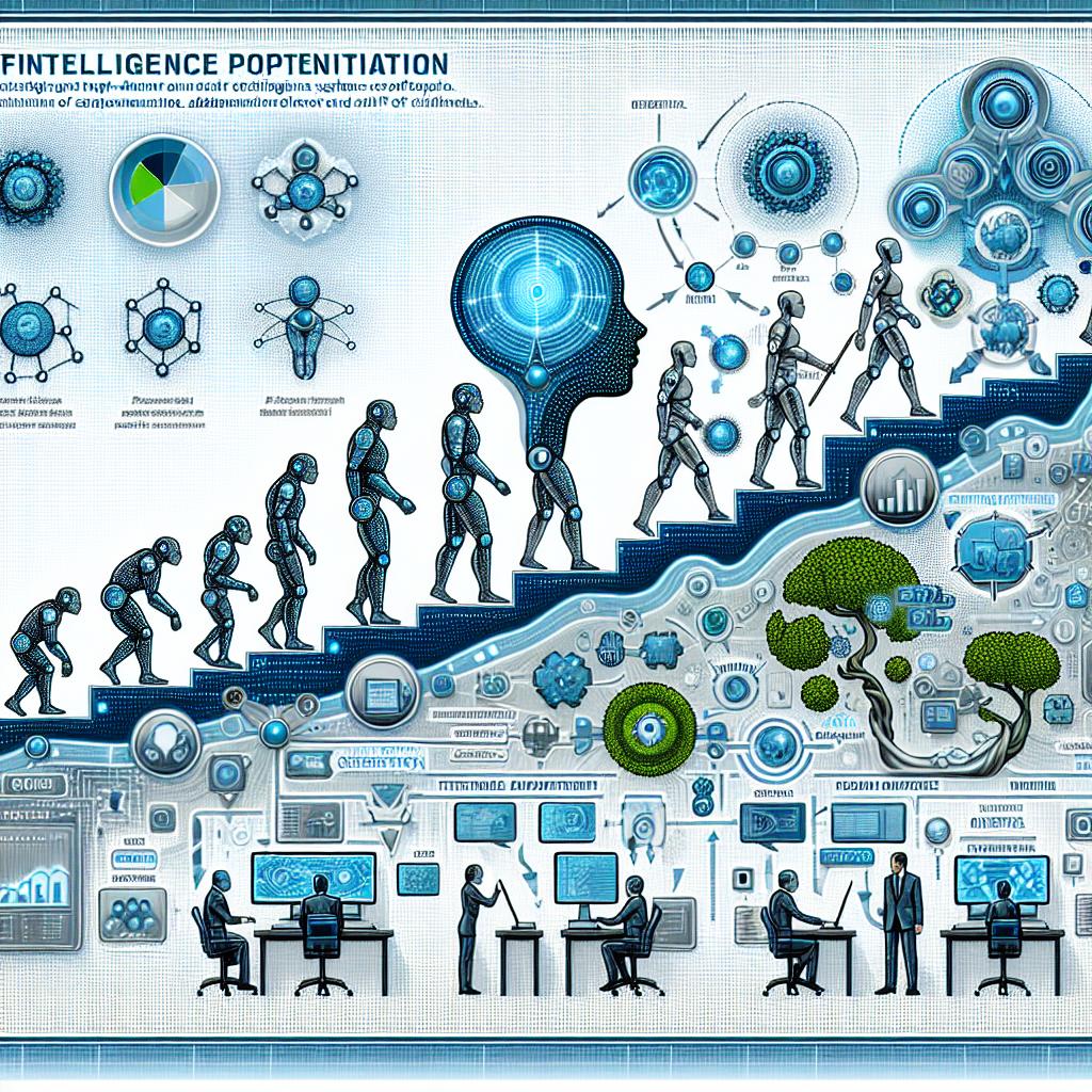 Create a 2D, corporate-style, vectorized image on a texture-less white background. This image should depict the evolution of decision-making systems in artificial intelligence. It emphasizes 'intelligence potentiation'—referring to the enhancement of AI agents' adaptability and efficiency over time. This evolutionary model ranges from reflex agents to autonomous, self-critical agents. Picture these agents performing various tasks, interacting, and learning in a futuristic environment. Add a touch of futuristic colors (blue, silver, and green) to convey advancement in technology. Incorporate data graphics and icons to represent intelligent analysis and symbols of learning and exploration to illustrate the agents' curiosity.