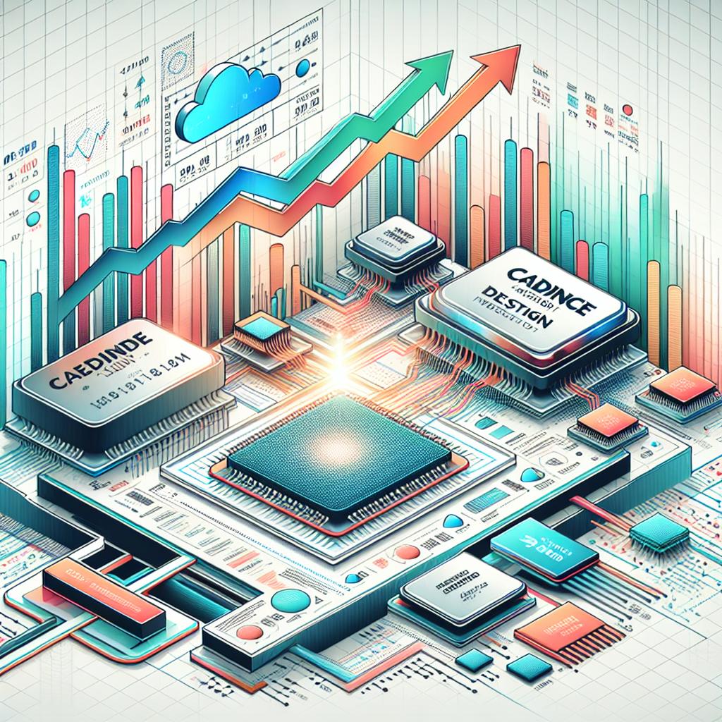 Create a 2D, linear perspective image that utilizes the flat and corporate style of vector illustrations. The image has a white and texture-less background. It features vibrant colors to capture attention and reflect technological innovation. The main elements are line charts representing the performance of stocks, specifically highlighting Cadence Design and Arista Networks. This is done through the inclusion of the companies' logos. Other elements to include are images of semiconductor chips and clouds, indicating a connection to semiconductor technology and cloud computing. The image should convey the point of view of analysts expecting a market correction in stock trading by 2025, and their prediction that these specific companies will thrive due to advancements in artificial intelligence and a strengthening American economy.