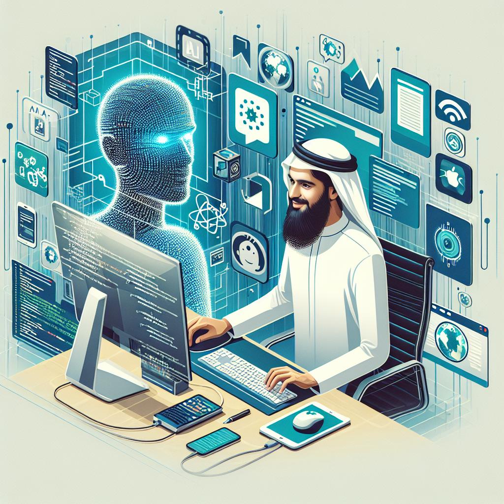An image in 2D view and flat, corporate style, capturing a modern workplace scene. A Middle-Eastern male software developer is seen working on a computer, amidst icons of technology and a programming interface hovering around him, signifying the revolutionary shift brought about by AI and Cerebras in iOS app development. A virtual assistant is also present, representing the integration of AI and helping with the coding process. The scene unfolds against a plain, textureless white background, decorated with modern colors of blue and green, symbolizing technology and innovation.