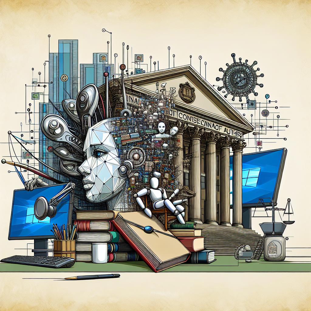 Generate an image that captures the tension between technology companies and authors. This 2D, linear perspective, vector-styled image is set on a textureless white background. In the forefront, there are multiple elements, such as books, which represents copyrighted content, and computers, symbolizing AI technology. The backdrop of the image is painted with the illustration of a courthouse, emphasizing the legal aspect of the issue. This corporate-style illustration serves to depict the challenges of content licensing in the AI era.