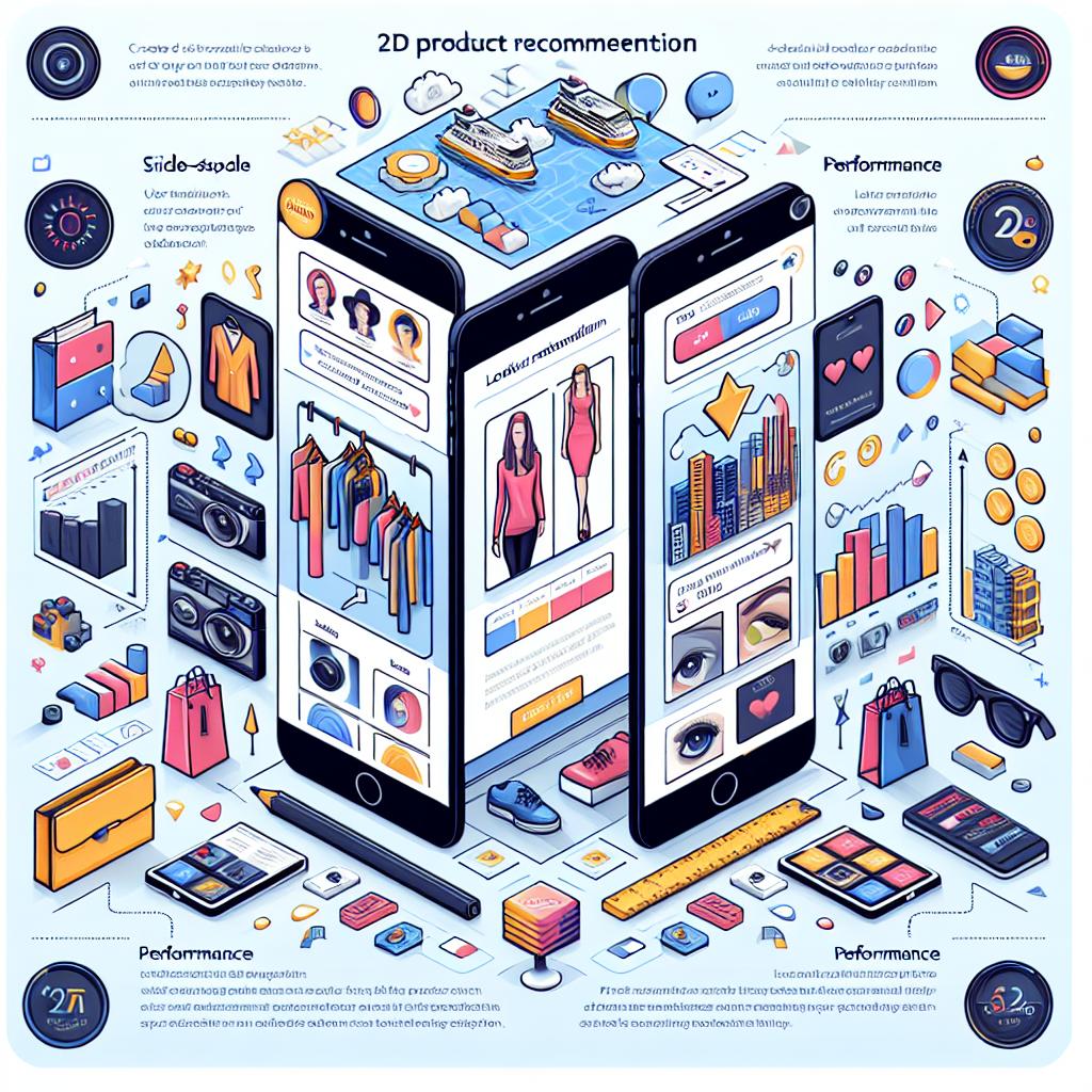 Create a 2D, linear perspective image with a vectorial, flat, and corporate style against a white and untextured backdrop. This image should depict a user interface of an e-commerce app. It should abundantly highlight a product recommendation system, where side-by-side product images underscore visual similarities. The image should boast of vibrant colors to grab user attention. Include interface elements such as 'like' and 'dislike' icons for user interaction and performance graphs to illustrate the system's efficiency. To reflect the focus on fashion e-commerce, incorporate visual elements related to fashion.