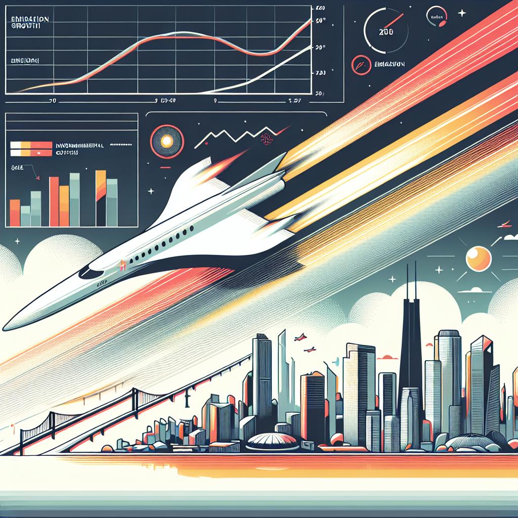 A detailed illustration in a flat, corporate style featuring the Boom Supersonic's XB-1 jet swiftly flying over an urban landscape, demonstrating innovation in aviation and its environmental implications. The perspective is 2D, linear, on a white and textureless background. The clear sky symbolizes a potential sustainable future while the city silhouette beneath signifies the link between innovation and urbanization. Stylized jet streams give a sense of speed. Additionally, emission growth charts are integrated into the image as a reminder of the environmental consequences. Bright, vibrant colors are to be used to symbolize the progress and innovation.