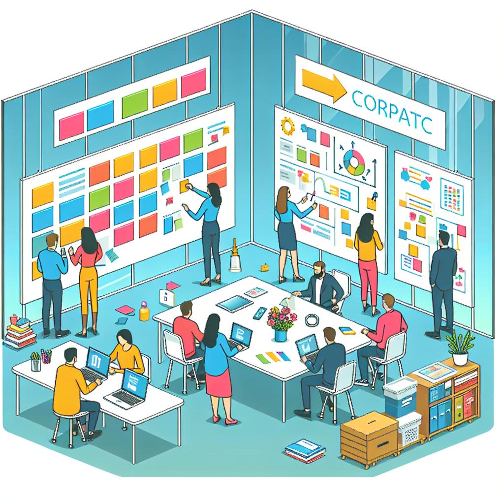 Create an image in a 2D, linear perspective using a vectorial, flat corporate style. The image should depict an open office environment where a team of engineers of diverse genders and descents are working collaboratively. The engineers should be using colorful post-it notes and whiteboards for agile brainstorming and planning, symbolizing teamwork and visual planning. In the scene include hardware tools, such as a laptop, signifying the technological tools used by the teams. The background should be plain and white, without any texture.