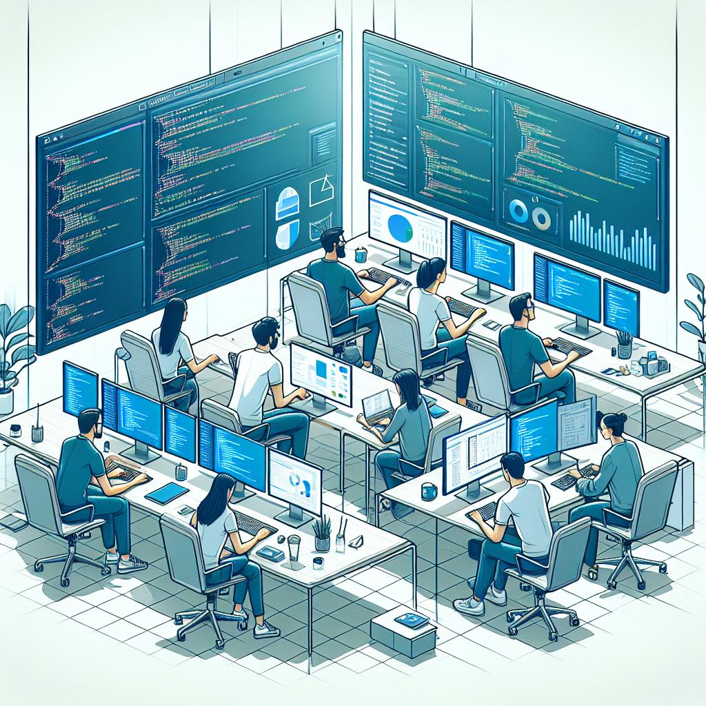 Envision a contemporary workspace with a team of software developers, each of diverse descent and mixed gender. They are concentrated on their work, utilizing a tool called Gemini Code Assist Enterprise on their computer screens. The screens display complex code written in various programming languages along with data analysis charts. The image itself is in a flat, vectorial design with a corporate tone, using a perspective of 2D linearity. The scene lays on a plain, white, textureless background. The palette is composed of cool shades of blues and greens, symbolizing modernity and advanced technology. A Google logo is subtly located in the scene, emphasizing the credibility of the tool.
