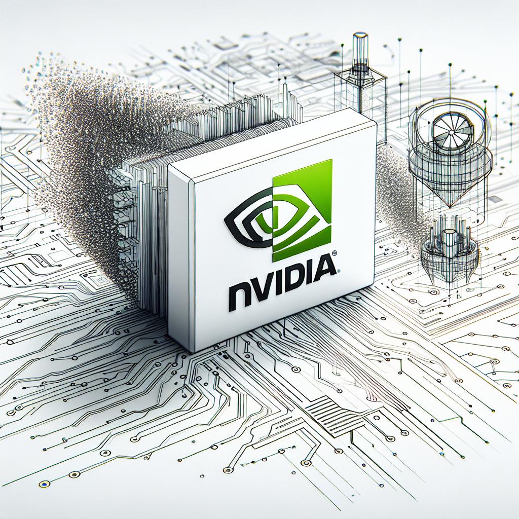 Illustrate an image in a 2D, linear perspective, adhering to a vector, flat, corporate style. The image has a white, texture-free background, reflecting the essence of a technology conference. Protruding on the foreground is the Nvidia logo, a symbol of the brand's innovative technology endeavours. Surrounding the logo are graphic elements symbolising artificial intelligence, subtly hinting at the brand's focus on AI technology. These elements are set against the backdrop of a black and green electronic circuit pattern, emphasising the connection with advanced technology. The colour palette uses traditional Nvidia colours of green and black.