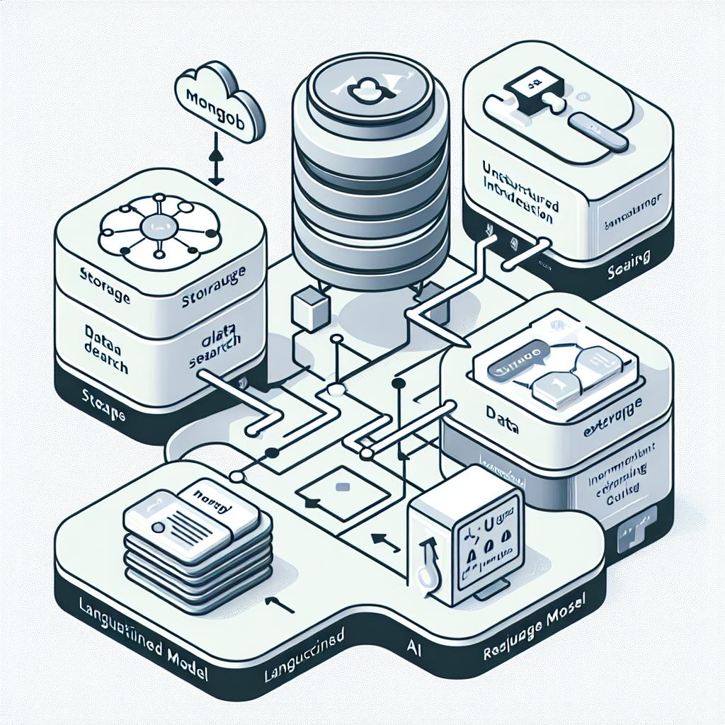 Create a 2D, linear vector image in a flat and corporate style. The scene is a workflow involving MongoDB for storage and data search, Unstructured.io for extraction and metadata processing, and a Language Model symbolizing an AI generating responses. They are all interconnected to illustrate the information transfer between systems. The image has a white and textureless background.