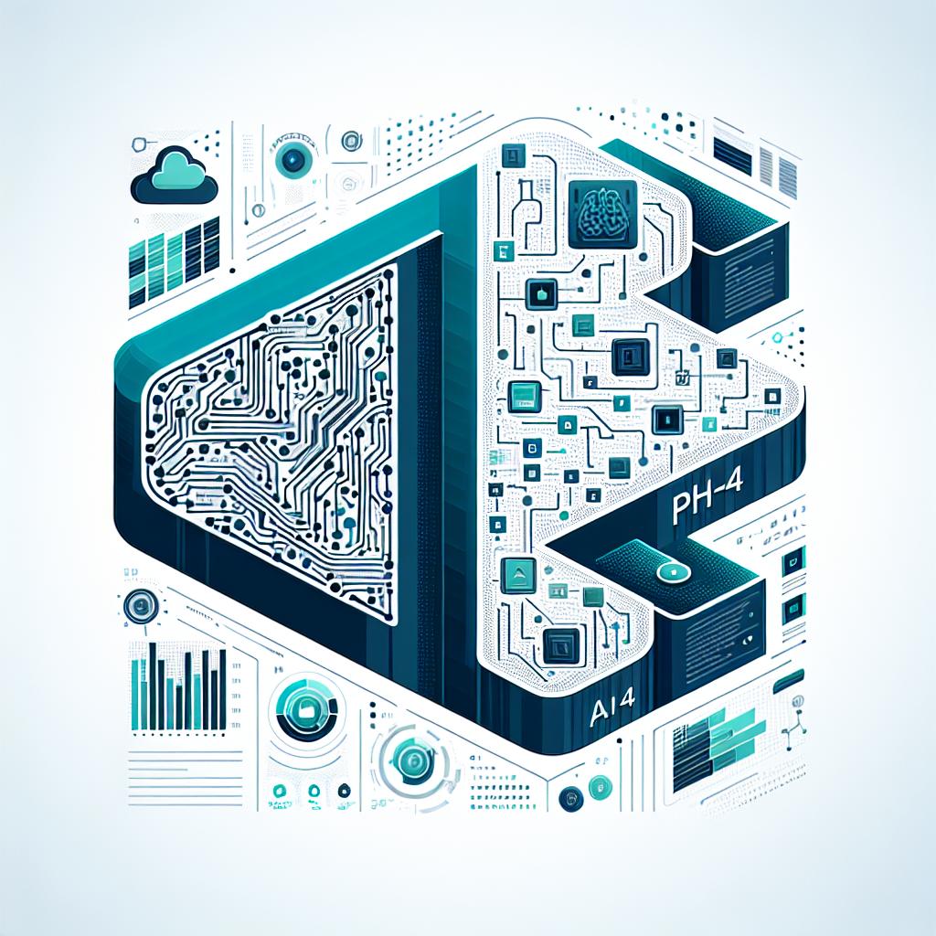 Create a vector, flat, and corporate style illustration showing the new open-source AI model named Phi-4. Use a 2D, linear perspective against a white, textureless background. The image should depict the interface of the Phi-4 model highlighting its main features and its interaction with developers and researchers. Include the logo of a renowned technology company, suggestive of Microsoft but not explicitly so, symbolizing the driving force behind this model. Add graphical elements related to artificial intelligence symbolizing technological advancement. Show infographics about the model's performance demonstrating its capabilities. Incorporate the colors blue and green, which are typically associated with technology and innovation.