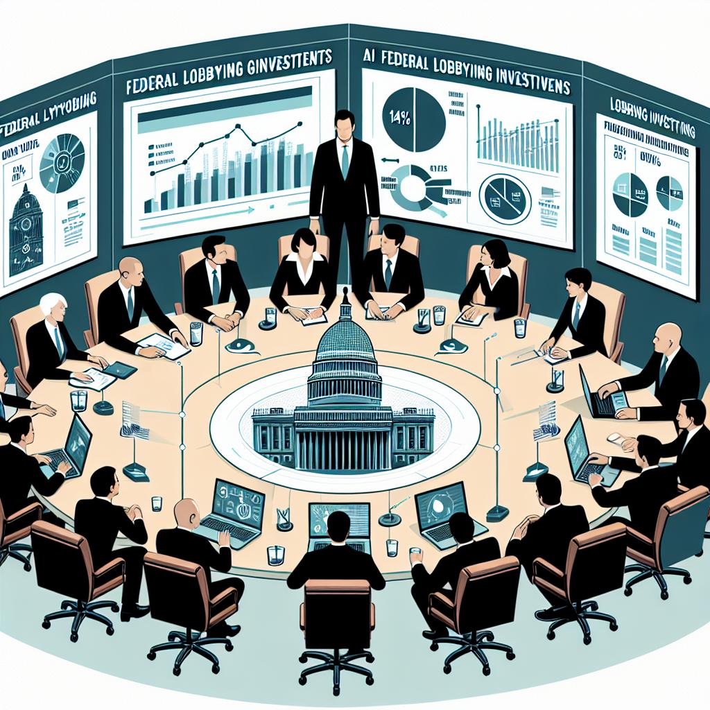 Create a vector-style, corporate flat image, set on a plain white background. The perspective is 2D and linear. The scene depicts an around-the-table negotiation among several technology executives of different genders and descents. Their subject of discussion is the future of AI and its regulations. Additional features in the scene include a round table to symbolize the collaborative discussion among the companies, an open laptop that symbolizes ongoing technology and innovation, and posters with charts illustrating the surge in lobbying investments. This image is set in 2024 when AI companies increased their federal lobbying investments in the United States by 141% compared to the previous year due to regulatory uncertainty surrounding the technology.