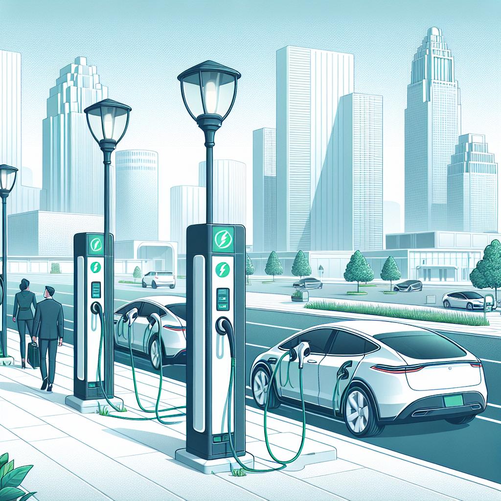 Visualize a vector-style, flat, corporate scene set in a 2D linear perspective. The focal point of this image is an urban landscape featuring light posts that have been innovative converted into electric vehicle (EV) charging stations. These posts line the sidewalks on city streets, perhaps resembling Detroit or New York. You notice several electric cars plugged in at various states of charging. Pedestrians, both male and female of multi-ethnic descents, walk by in the background, creating a sense of life and activity. The environment exudes a clean, modern, and sustainable vibe, with prominent green and blue hues. The background should be minimalist and white, without any texture.