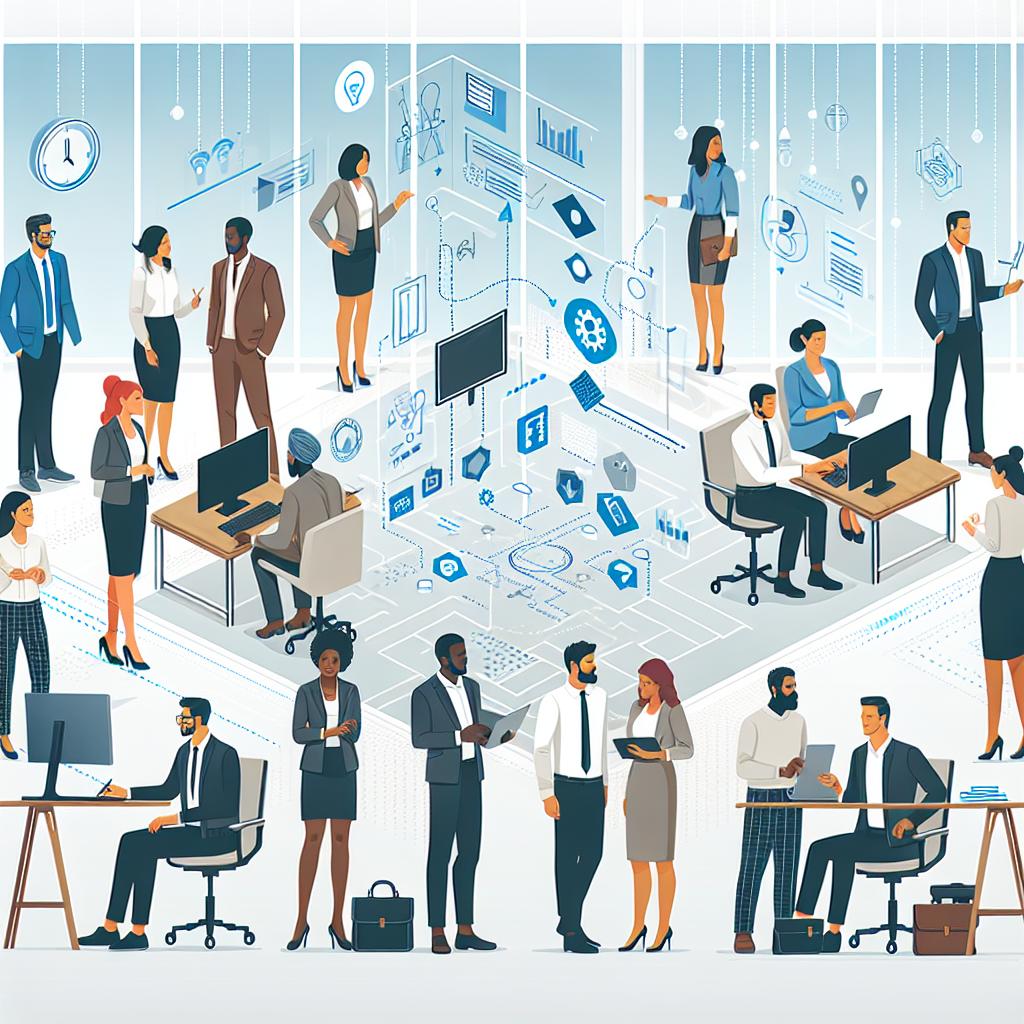 Create a 2D, linear perspective image with a flat, corporate style using vector graphics. The image depicts a transformation in the workplace, shown by diverse professionals interacting with advanced technology in a collaborative setting. The background should be white and textureless representing the open and well-lit office environment, symbolizing transparency and innovation. Make sure to include professionals of different ethnicities such as a Hispanic female manager, a Black male software developer, a Caucasian female data analyst, a Middle-Eastern male project manager, and a South Asian female designer, there should also be modern technological devices depicting the integration of 'GenAI'.