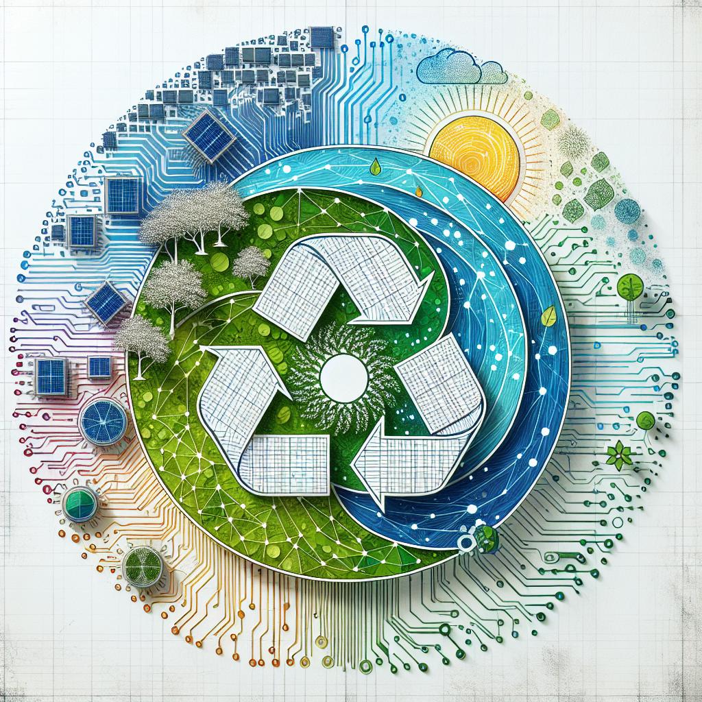An image in a 2D, linear perspective and Flat, corporate style, with vibrant colors symbolizing the connection between Artificial Intelligence (AI) and clean energy, set against a white, textureless background. The image features intertwining elements of nature and technology. Nature is represented through trees and solar panels, and technology is demonstrated by circuit designs and microchips interacting harmoniously with the natural elements. All these components are situated inside a circle of energy. A color palette of predominately greens and blues is used to evoke feelings of freshness and sustainability.