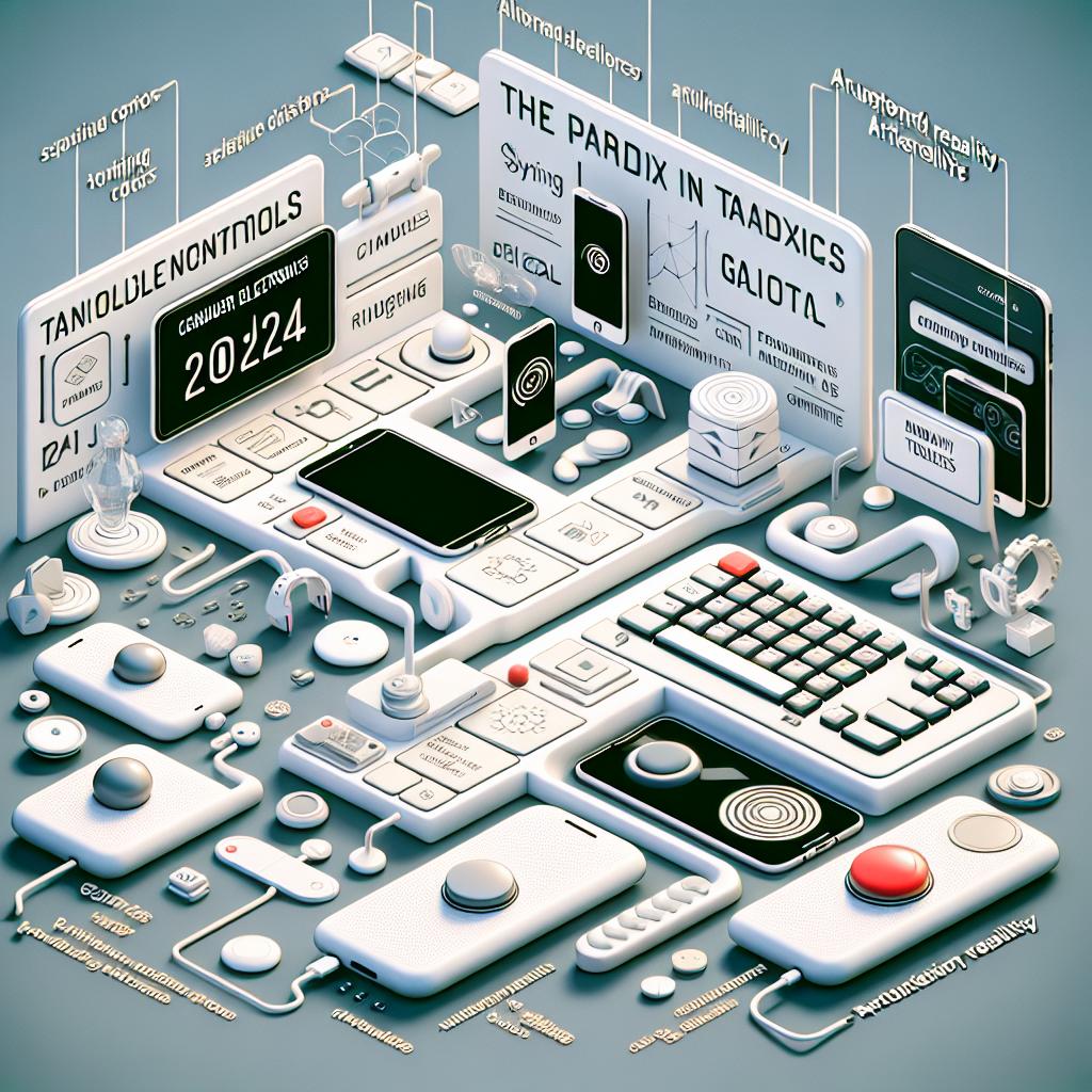 An inventive scene that encapsulates the paradoxes in consumer electronics that marked 2024; an era characterized by the surge of tangible controls amidst breakthroughs in artificial intelligence and augmented reality. A composition that illustrates the progression of consumer electronics, blending classical technology with digital, including buttons, modern displays, and bendable devices. The art style should be vector-based and flat, reflecting a corporate tone. The background of the image is entirely white and textureless, viewed from a 2D, linear perspective. Key features in the scene should include: tactile buttons symbolizing a trend back to basics, transparent displays embodying growing innovation, foldable smartphones illustrating future versatility, augmented reality glasses highlighting industry contest, and human-machine interaction as an element emphasizing the gravity of usability.
