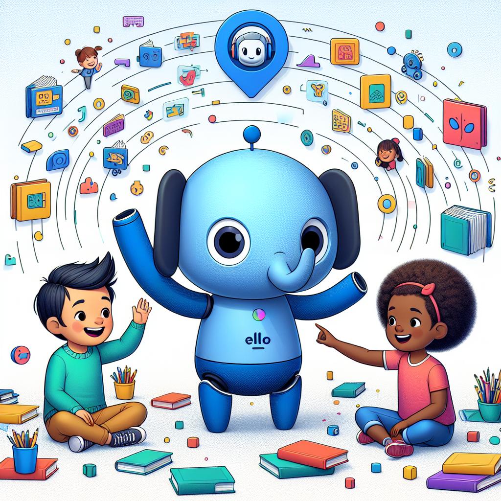 Create a 2D, vector art styled image set in a linear perspective. The setting should be over a white, untextured background that exudes a corporate but fun vibe. The main characters are children of diverse descent. One could be a Caucasian girl and another a Black boy, both smiling as they interact with a blue elephant, representing the AI assisted reading companion, Ello. This symbol represents support and friendship for young readers. The kids should be placed within an interactive background that stimulates imagination, perhaps filled with various odd shapes and lively patterns. Include colorful books scattered around to highlight the diversity of stories available and the joy of learning.