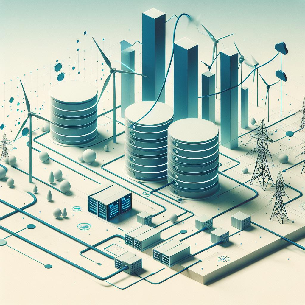 An illustrative 2D image displaying an intertwining theme of renewable energy and AI technology investment growth, presented in a flat, corporate style. The main elements in the frame on a whitish, featureless background, are a series of wind turbines, generating renewable energy, and several data centers, symbolizing the infrastructure needed to support AI applications. These are connected, showing the growing interdependence between energy and technology. Also included in the image are growth charts, indicating a rise in AI sector investments. The top part of the image is covered with a clear blue sky, hinting at the ideas of innovation and progress.