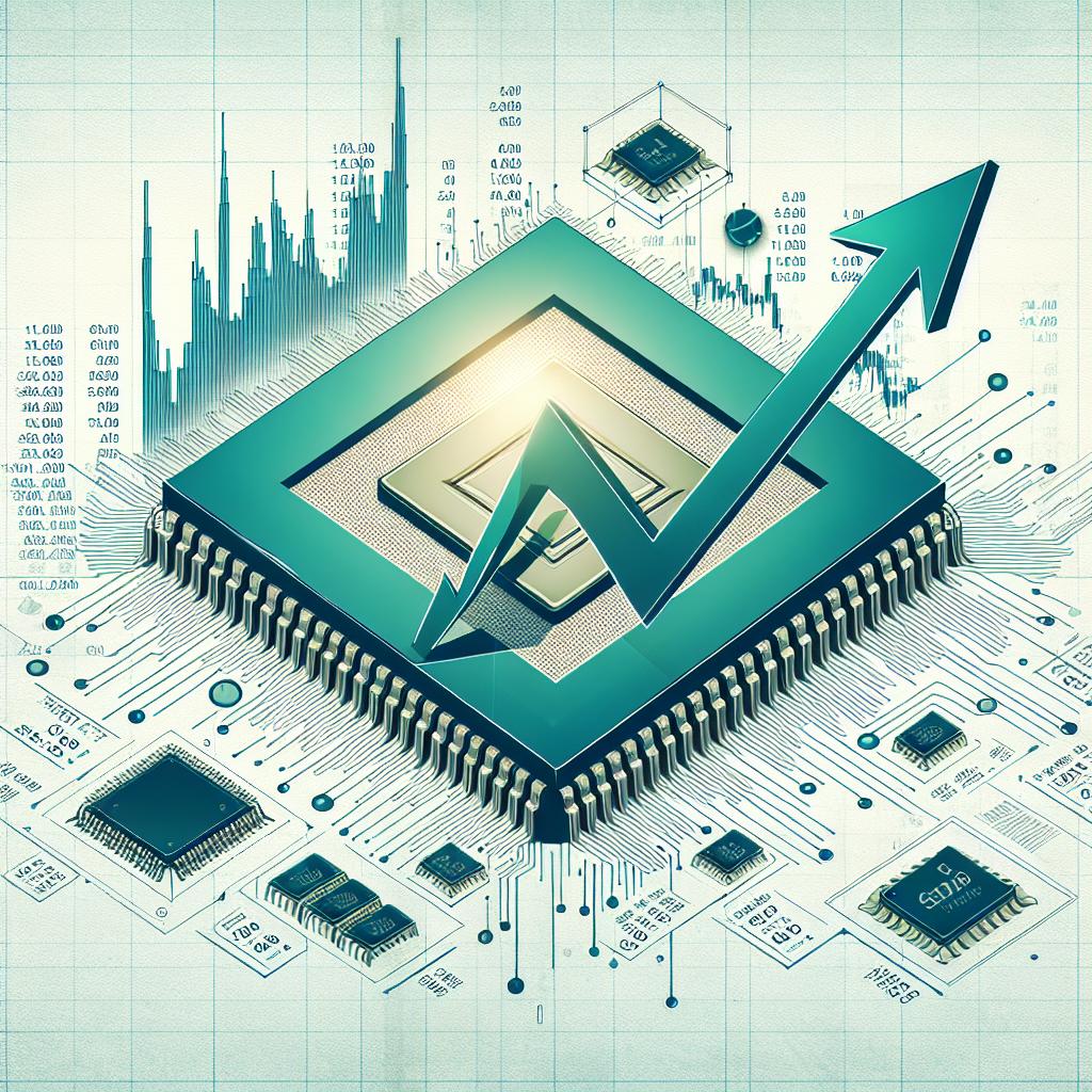 Generate a 2D, flat, corporate style illustration on a white, untextured background. The main theme of this illustration is the sharp fall in Marvell Technology's shares, symbolized by a declining line graph. Besides the line graph, include elements such as computer chip symbols to represent the semiconductor industry and price drop flags to signal shifts in stock price expectations. To enhance the financial context of the image, incorporate financial numbers in the background.