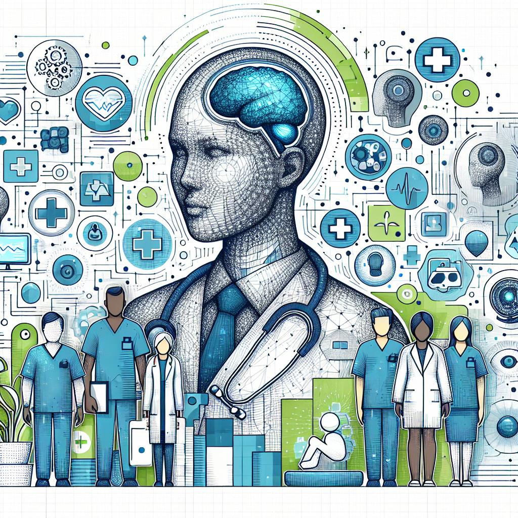 Imagine a 2D, linear illustration in a corporate, flat, vectorial style. The background is white and textureless, acting as a clean canvas for the elements placed over it. The main focus of the illustration is a healthcare professional, showcasing a diverse gender and descent, who is utilizing artificial intelligence technology for diagnoses. Clustered around them are various types of medical exams, symbolizing the hands-on application of AI in the medical field. Digital elements are interspersed throughout the scene, materializing the element of technological innovation. The color palette is dominated by shades of blue and green, signifying trust and health.