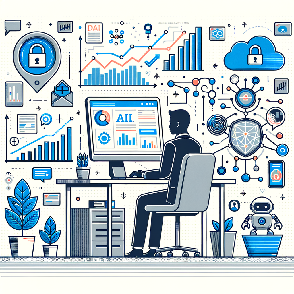 Create an image in a 2D, linear, corporate style rendered in a flat vector-based aesthetic. The setting should be a modern office illustrating a business environment. At the center of this space is a Black male IT professional working on a computer. The computer screen is showing charts and data, which represent data analysis. Include icons of AI applications such as robots and algorithms subtly placed around the office to characterize the domain of Artificial Intelligence at work. A growth chart should be displayed somewhere in the office, symbolizing the positive impact of AI on business. Lastly, have a padlock icon present in the scene that represents security and trust in data. The image should have a white, texture-less background.