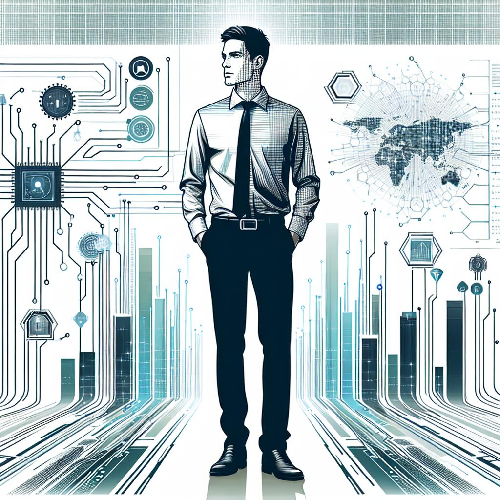Portray an unidentified male business leader in a technological environment, signifying the competition for innovation in artificial intelligence. The man should bear a casual business attire, standing confidently potentializing the representation of leading an AI development company. The setting should include digital elements that represent AI, such as circuits and charts, on a white, textureless background. The perspective should be 2D and linear. Additional elements to consider are digital symbols, symbolizing the universe of AI. Choose cool colors to convey modernity and innovation. The style of the image should be vector, flat, and corporate.