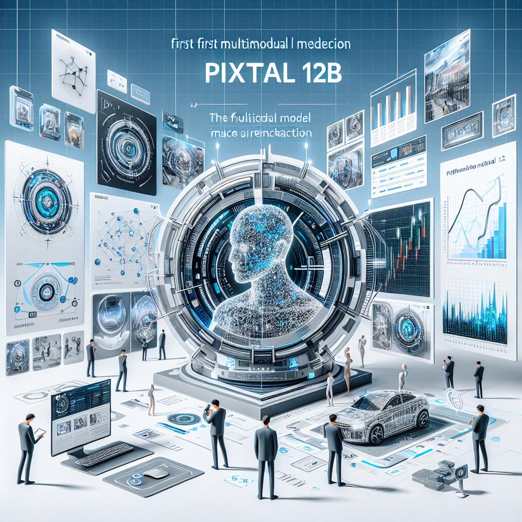 An image showcasing the announcement of Pixtral 12B, the first multimodal model by Mistral that is set to revolutionize image and text interaction on the 17th of September, 2024. The picture should emphasise the interaction between text and images amidst a futuristic backdrop, underlining the model Pixtral 12B. The design should channel innovation and technology, complemented with graphs symbolizing textual and visual data. The style should be vector, flat and corporate on a textless white background in a 2D linear perspective. Additional elements to include are performance graphs highlighting Pixtral's efficiency in benchmarks, a modern computer denoting AI application in current technology, various images illustrating the model's versatility in different contexts and a futuristic backdrop suggestive of ongoing innovation and technological advancements.
