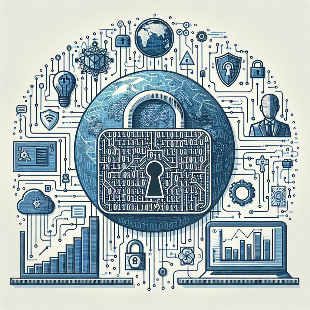 Create a corporate style, 2D flat vector image on a textureless white background illustrating the intersection of cybersecurity and artificial intelligence. This could be potentially represented by digital padlocks, symbolising data security. Also include elements of binary codes, representing digitalization and technology. Incorporate growth charts depicting the advancement of artificial intelligence, and include a world map, emphasising globalization and interconnection. Maintain a linear perspective throughout the image.