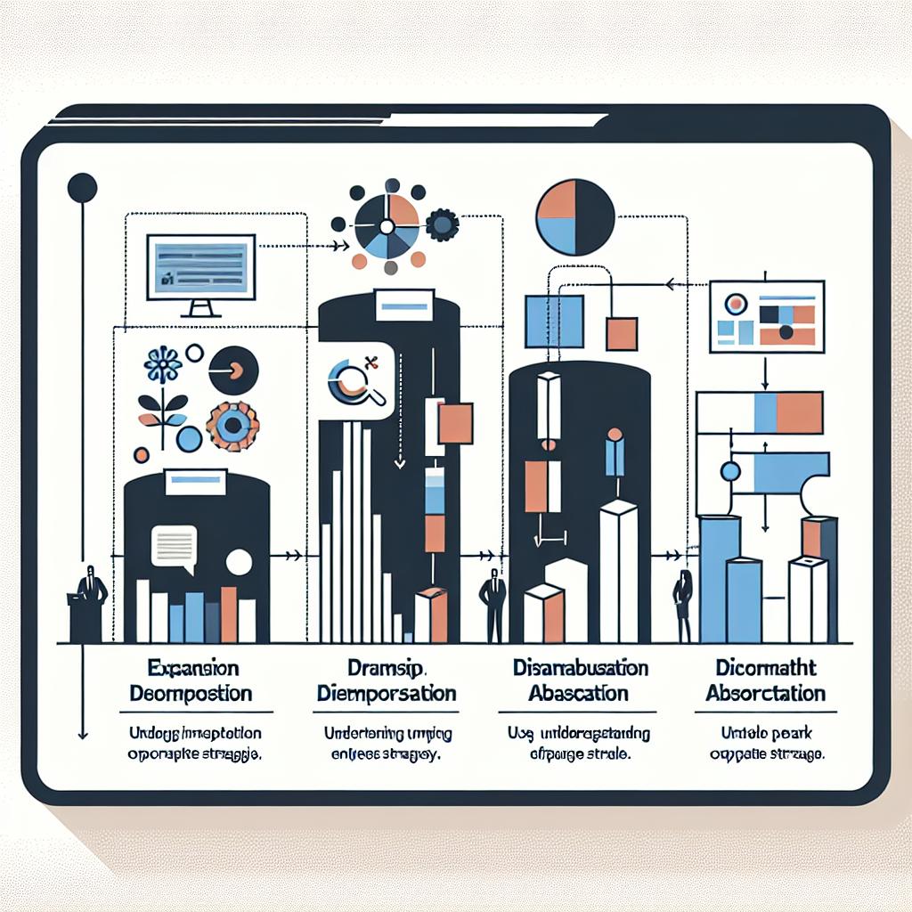 Create a 2D, vector-style, flat corporate image with a white and texture-less background. On it, represent the four pillars of prompt optimization: Expansion, Decomposition, Disambiguation, and Abstraction. Arrange them on a bar graph or a flowchart, making sure the layout makes understanding the interaction between the strategies easy. For each strategy, use a relevant icon to visually clearly picture the approach. Use a sober and technological color palette to create a professional environment. Add brief descriptive text to visually complement the information presented.