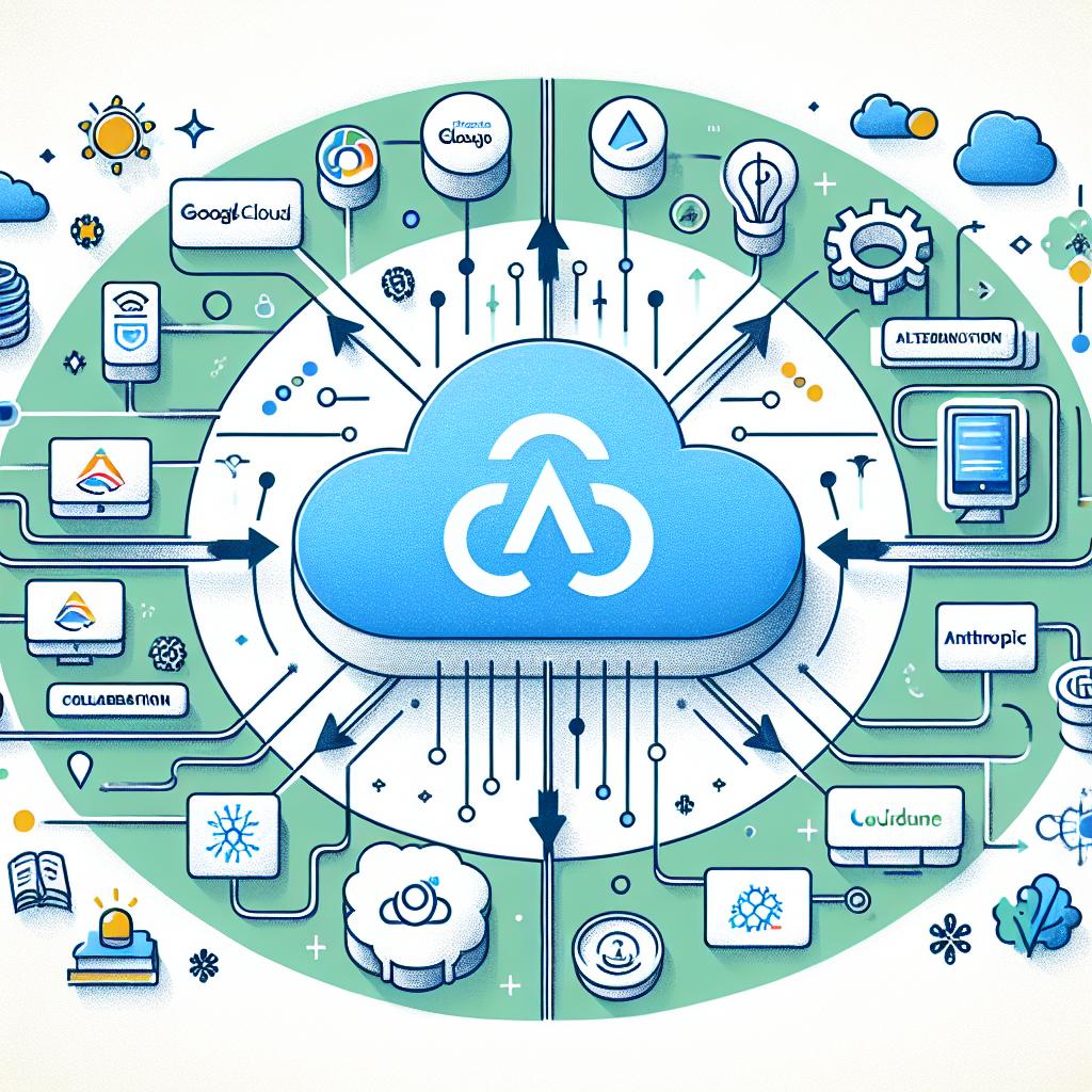 A 2-dimensional, flat style illustration drawing in a professional corporate aesthetic on a blank and untextured white background. The illustration shows the Cloudera logo positioned in the center, surrounded by logos representing its new partners, including alternatives to Google Cloud, Anthropic, and Snowflake, which reflect this business collaboration and expansion of their AI Ecosystem. The logos are interconnected with arrows to depict collaboration between the different companies. The overall color scheme of the design embraces blue and green tones which symbolize technology and innovation.