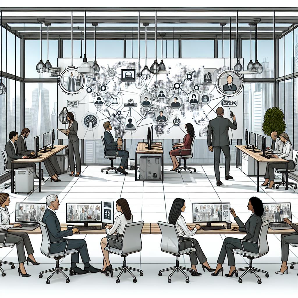Imagine a scene showcasing connectivity and innovation at the workplace. We are in a modern office setting filled with diverse individuals of different ages, symbolizing the generational diversity. They are interacting both in-person and remotely, reflecting the dynamics of a post-pandemic hybrid workforce. Laptops and tablets are visible on desks, representing critical technology for hybrid work. Videoconferencing elements, such as camera systems and displays, emphasize the importance of remote communication. The office décor is sleek and modern, with accents of flexible furniture arrangements. The image is presented in a 2D, linear perspective, with a flat, corporate vectorial style on a plain white background.