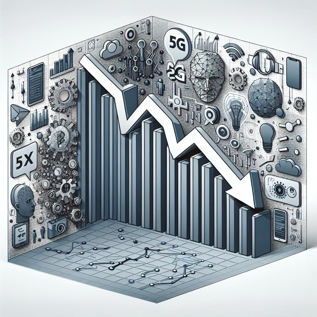 Create a 2D, linear perspective image in a vectorial and corporate style that represents disappointment with various technological innovations. The image background is white and textureless. In the center, visualize a declining graph symbolizing unmet expectations and frustration. Around it, incorporate icons of different technologies, such as artificial intelligence, 5G, and metaverso, signifying the innovations mentioned in the article. Utilize shades of grey and blue as the color palette to symbolize uncertainty and disenchantment.