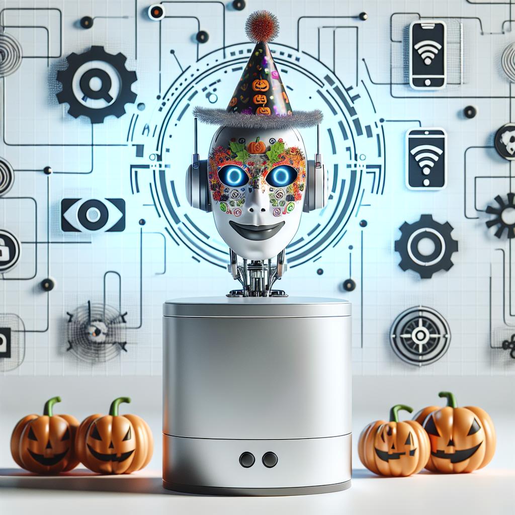 Create a 2D, flat-styled image in a corporate theme set in 2024 as Halloween approaches. The scene takes place in a futuristically technological environment showcasing the rise of automation. In the center, model a sophisticated robot adorned with a playful festive mask symbolizing automation masquerading as AI. Surround this central figure with various technology icons for contextualization, using hues of Halloween to instill a thematic touch. The background should be clean, without texture and white-colored, however incorporate modern textures throughout the image to evoke a feeling of advanced technology.
