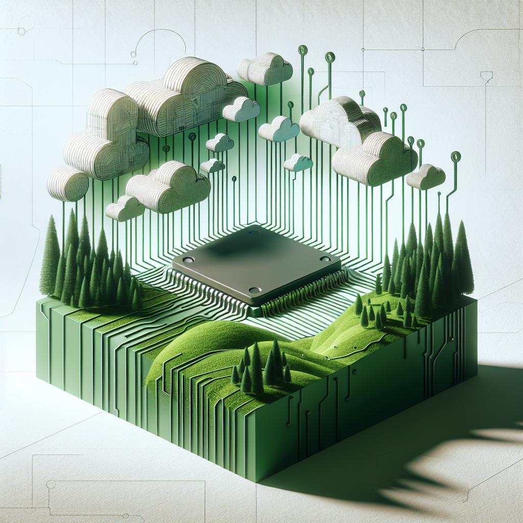 Imagine an environment that harmoniously integrates artificial intelligence technology with sustainable practices. The image is in a 2D, linear perspective on a white, textureless background. In the forefront, computer chips are prominently displayed, symbolic of the advancing technology. Green forests, representing sustainability, blend seamlessly into the landscape around the computer chips. Additionally, there is a clear, cloudless sky indicating a greener future. The overall design should have a flat, corporate touch, illustrating the serious and pioneering nature of sustainable practices in AI technology.