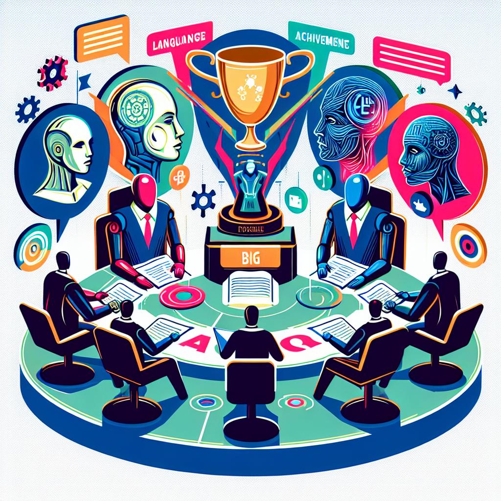 Illustrate an advanced language model debate competition involving five big language models, each represented in a stylized manner that emphasizes their unique traits. They form a circle, engaged in a theoretical discussion. Above them, symbols of achievement, like trophies, are prominently featured, indicating their success. Lay out in the background, artificial intelligence based judges watching the discourse. Use vibrant colors to capture attention and convey the competitive spirit of the event. Additional floating text should subtly highlight the importance of the debate. Create this in a corporate, flat, and vectorial style on a white, texture-less background, keeping it a two-dimensional, linear perspective.