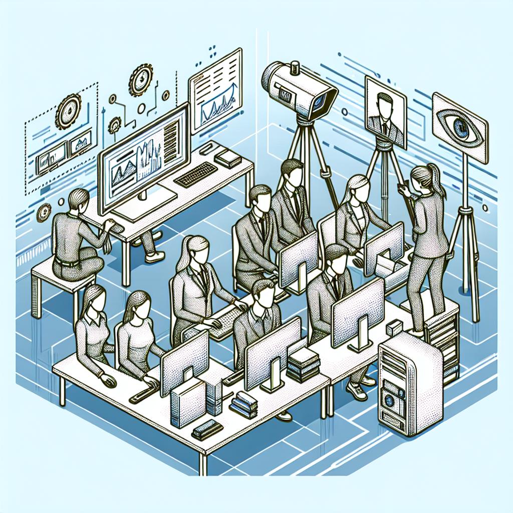 Create a corporate flat vector style 2D linear perspective image on a white, textureless background. This image should depict a multinational, mixed gender group of students working on computers. There should also be cameras focused on their faces, symbolising the development of cutting-edge technology to detect drowsiness in drivers. The computers and academic environment in which they are working will represent an educational setting. The students symbolise a new generation of innovators. An additional detail includes a camera set up to monitor signs of drowsiness and computers that represent the academic space where the project is being developed.