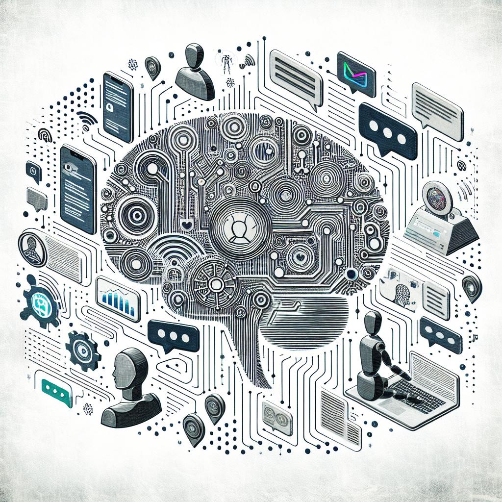 Create a 2D, linear perspective, corporate-style digital illustration on a textureless white background. The image's central concept is Conversational AI, showcasing the increasingly common use of this technology in industries such as customer service, healthcare, and education, transforming human-machine interactions into more natural and intuitive experiences. Include a set of distinct elements interacting within the image: a digital brain symbolizing artificial intelligence, chatbots denoting automated interactions, virtual assistants illustrating the convenience of the technology, and speech patterns indicating the progress of Text-to-Speech systems.