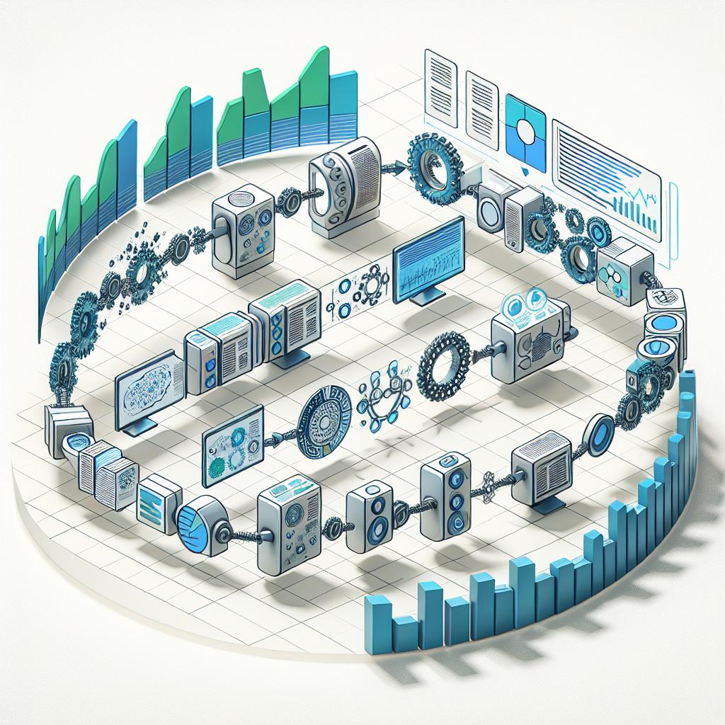 Render an image in a 2D, flat, and corporate vector style. The image should depict a continuous scenario of machine learning processes on a white and textureless background. Depict multiple virtual agents in a sequence, interacting with each other. These agents symbolize collaborative work in AI, specifically symbolising Chain-of-Agents and Chain-of-Retrieval Augmented Generation approaches. Integrate elements of long text documents and charts to depict the challenge of understanding complex information. Incorporate a circular structure to illustrate the continuous flow of information. Utilize blue and green colors to evoke mentalities of technology and innovation.