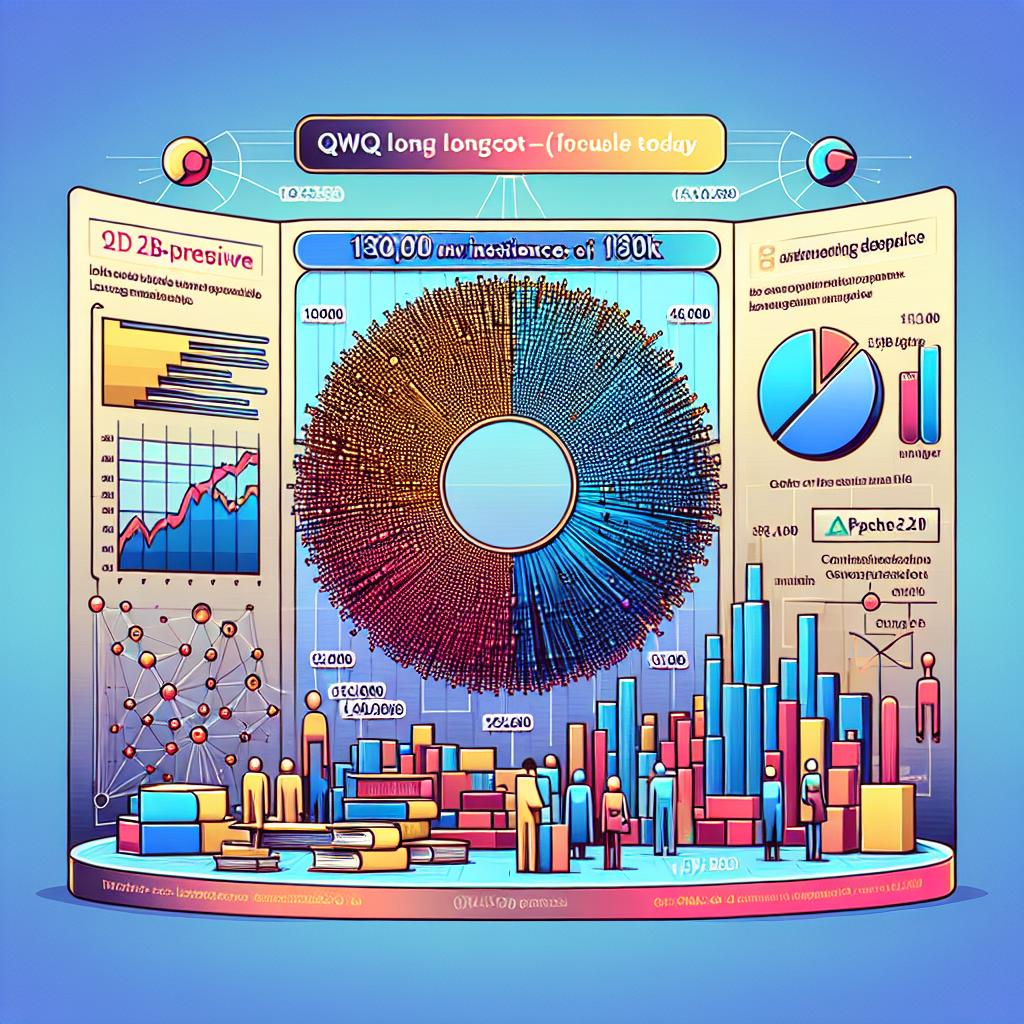 Create an image that illustrates the launch of the QwQ-LongCoT-130K, a newly devised dataset built for training large language models, officially announced today. It consists of roughly 130,000 instances produced by the QwQ-32B-Preview model. The data set is made available under the Apache 2.0 license, enabling its unrestricted use by developers and researchers. The centerpiece of the image should be a pictorial graph that represents the distribution and size comparison of the dataset samples, with bright, eye-catching colors to highlight the most pertinent data. The background of the image should have a technological gradient. The entire image should adhere to a Flat, Corporate vectorial art style, featuring a 2D, linear perspective. Additionally, include a QwQ logo to assert the source of the dataset.