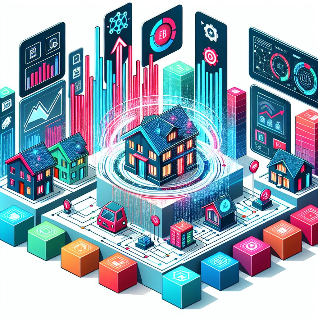 Please create a corporate flat Vector style 2D image representing technological innovation at a fintech platform company that provides mortgage and real estate services. Set the scene on a non-textured white background. In this image, we will highlight the digitization of the real estate sector, focusing on intelligent and efficient products that promise to revolutionize property purchasing experience. Include vibrant icons related to technology, symbolizing innovation. Additionally, depict modern homes which represent the real estate sector. Ensure these elements are in vibrant colors to convey a sense of progress and innovation. Also, include growth charts to illustrate abundant market potential.