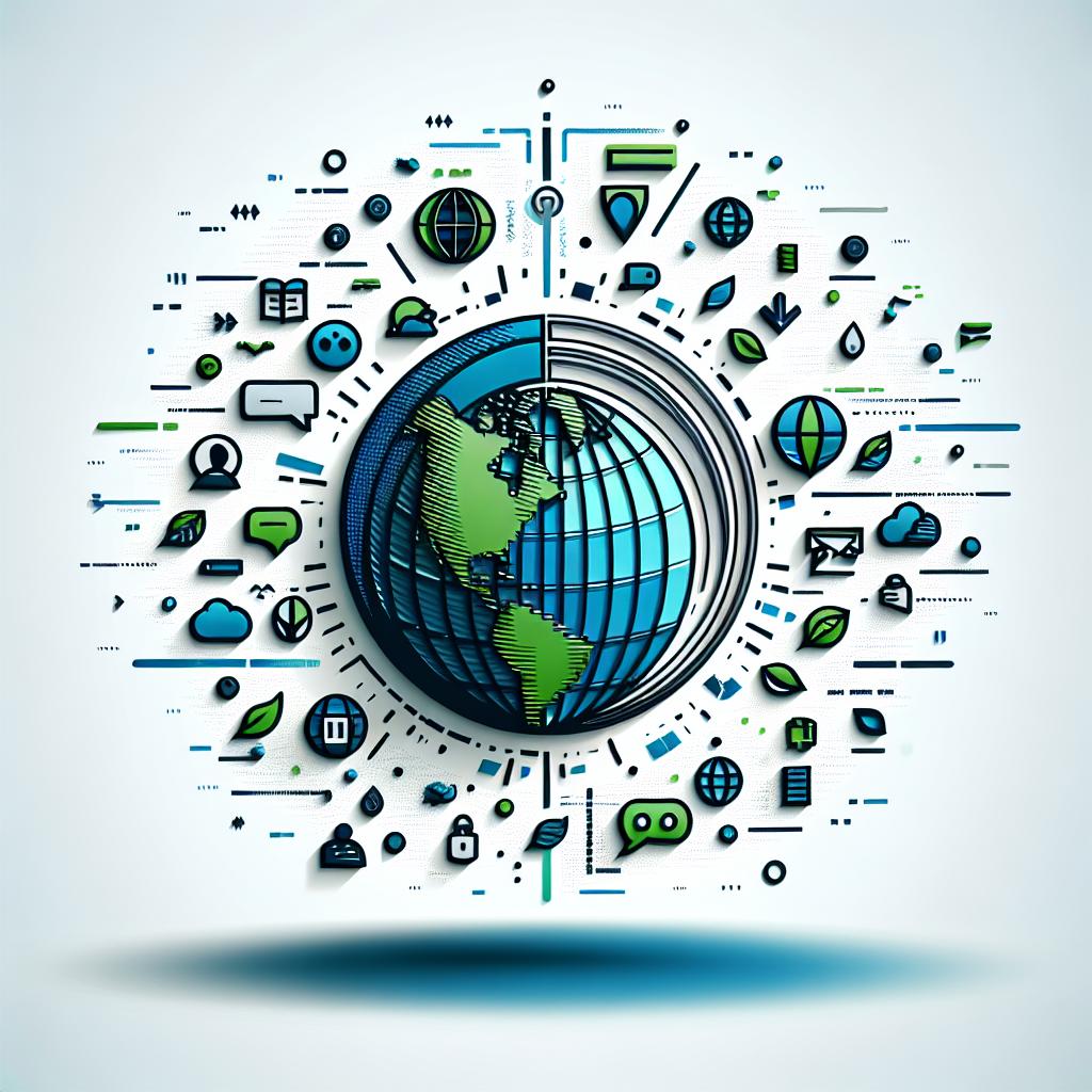 Create a 2D, vector-style image on a plain white background. In the center, depict a globe symbolizing global communication and linguistic diversity. Around the globe, scatter icons representing various languages that DeepL translates. Incorporate shades of blue and green into the icons and the globe to reflect the themes of technology and growth. The whole setup should symbolize DeepL as a leader in translation, showcasing better results and increased productivity for companies around the world.