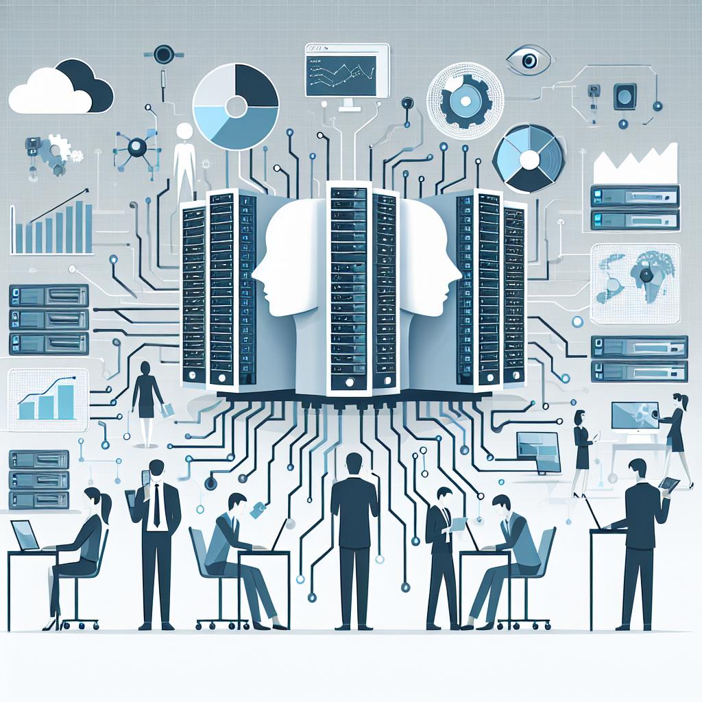 Create a highly detailed, two-dimensional (2D) vector-style image depicting a hybrid computing environment within a corporate setting. Use a simplistic, flat design frequently associated with business and corporate graphics. The composition should consist of a clean, white, textureless background. Humans of different descents and genders are interacting with machines, carrying out tasks on their laptops, symbolizing the integral role of artificial intelligence (AI) technology in businesses nowadays. In the distant backdrop, there are servers reinforcing the technological aspect. Incorporate additional elements such as a security icon to signify data protection, charts to represent growth and efficiency, and maps to suggest the expanding use of AI.